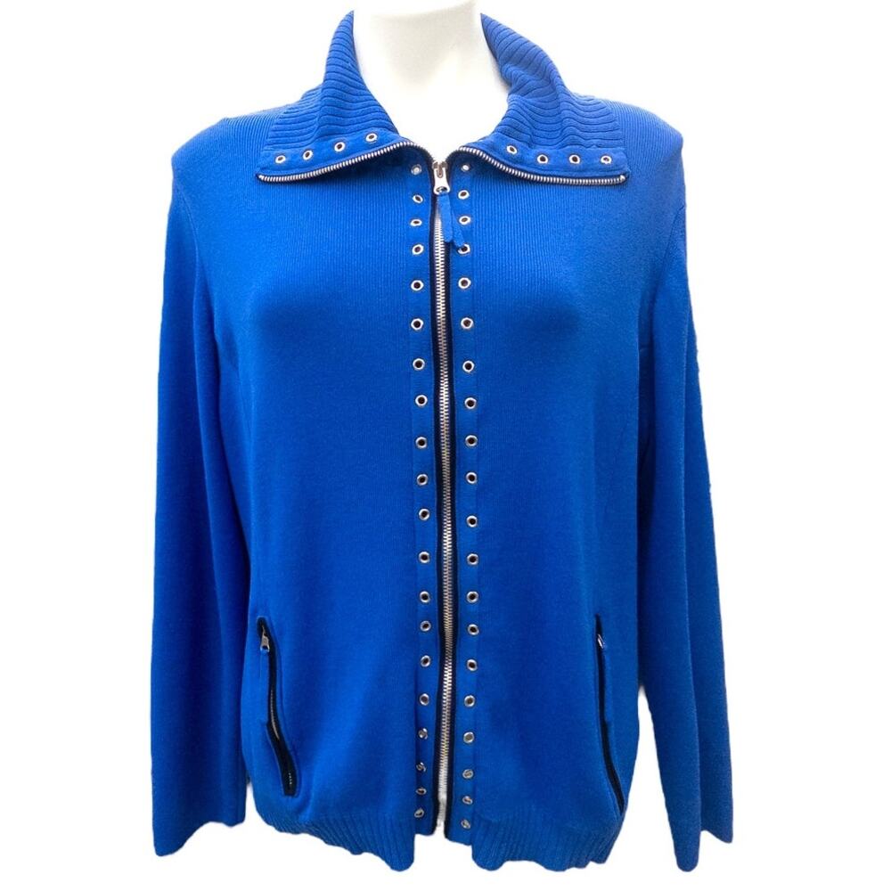 Nancy Bolen Grommet Zip Up Cardigan Sweater Royal Blue XL Women's Vintage Preppy
